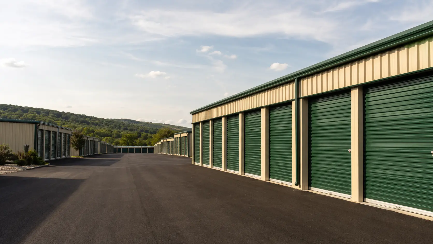 Self Storage Station facility with green doors and Pennsylvania hills